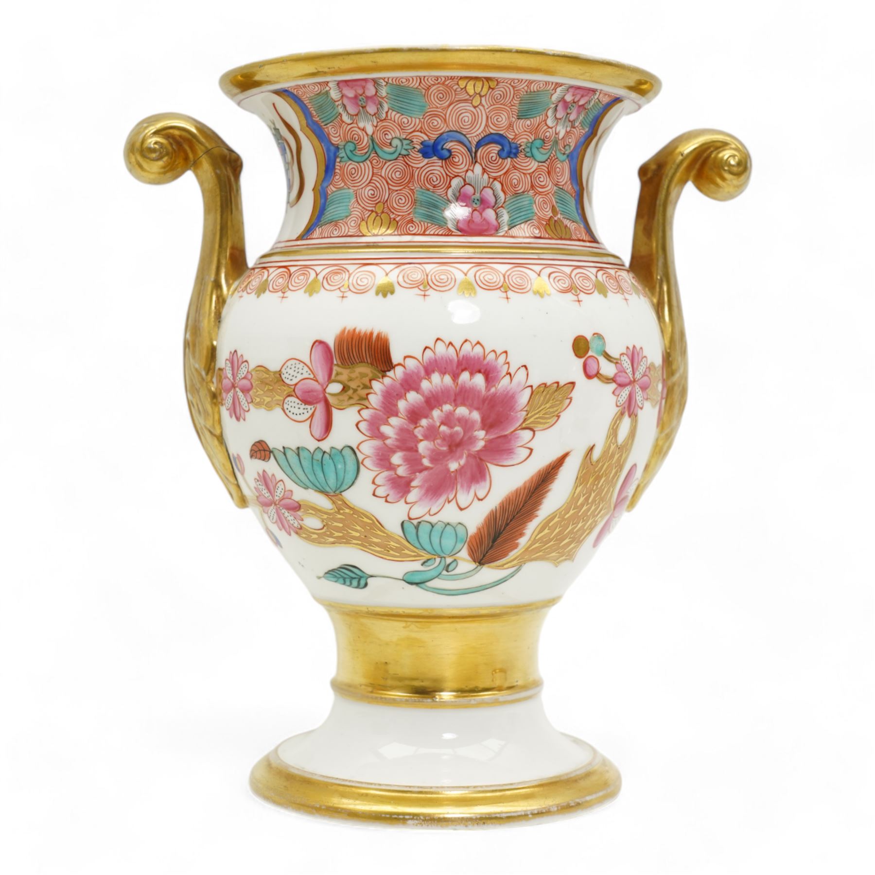 Early 19th century Spode vase and garniture, each decorated in the Japan pattern no. 868, with twin scroll handles and pedestal foot, H15.5cm max; together with Spode pen tray, pattern no. 093, L27cm; pastille burner, H8cm; and an 18th/19th century porcelain vase and cover, decorated with panels of flowers within orange and gilt bands, possibly Spode H16cm (6)