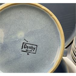Denby tea and dinner wares, in tones of blue, comprising seven dinner plates, seven salad plates, eight side plates, six bowls, eight smaller bowls, and seven further smaller bowls, two large serving plates, one serving dish, one large bowl, and two smaller, seven mugs, eight tea cups and seven saucers, teapot, large jug, two smaller, and sucrier and cover. 