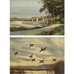 Herbert Henry Hughes Richardson (British 1882-1964): 'Buckler's Hard - Hampshire' and 'Mallard Ducks Rising at Sunset over the North Wales Marshes', two watercolours signed, titled on labels verso 28cm x 42cm and 27cm x 40cm (2)
