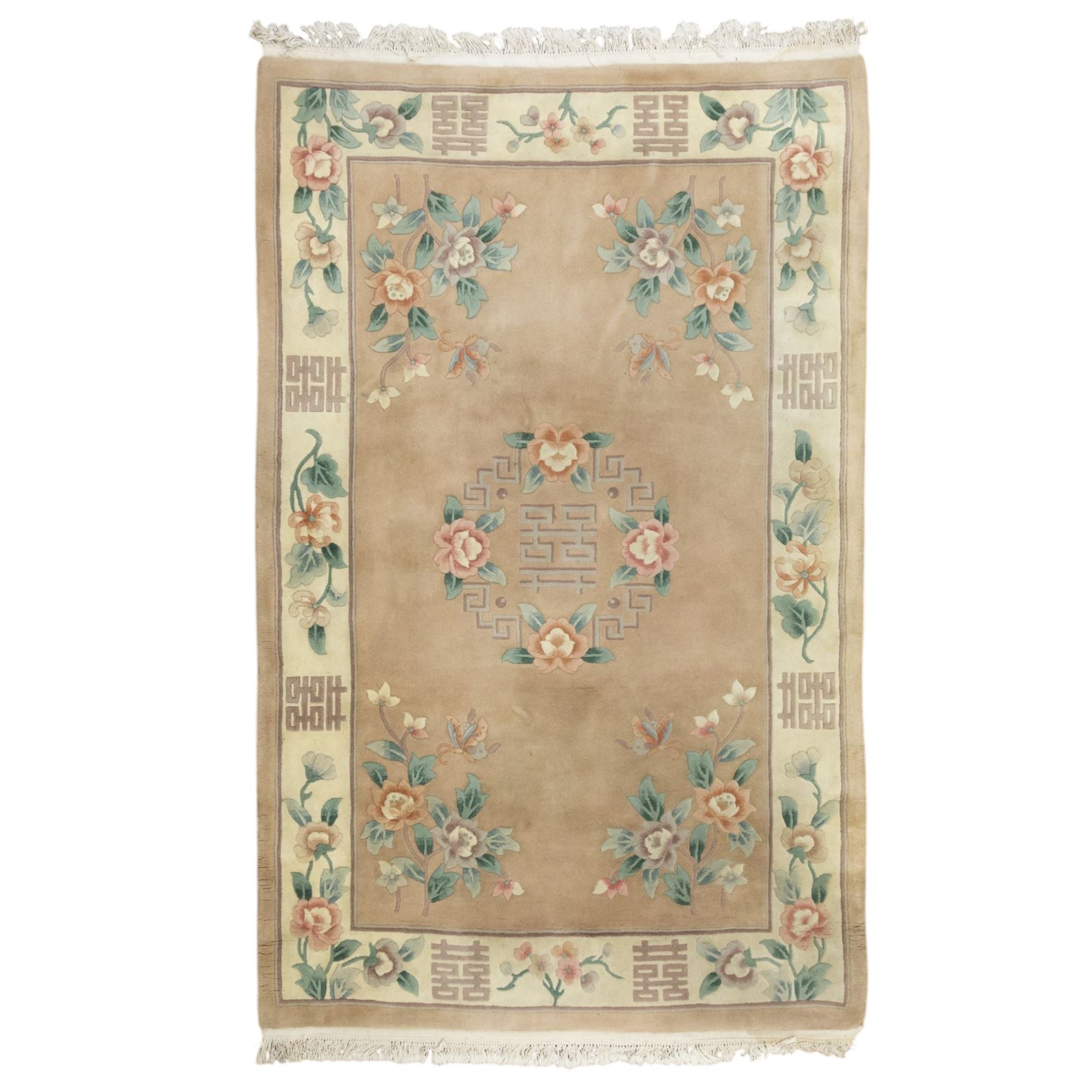 Chinese wool rug, beige ground decorated with peonies, flowering branches and butterflies, centred by a shou symbol within key pattern surround, cream border with floral sprays and double happiness motifs, cotton fringe ends