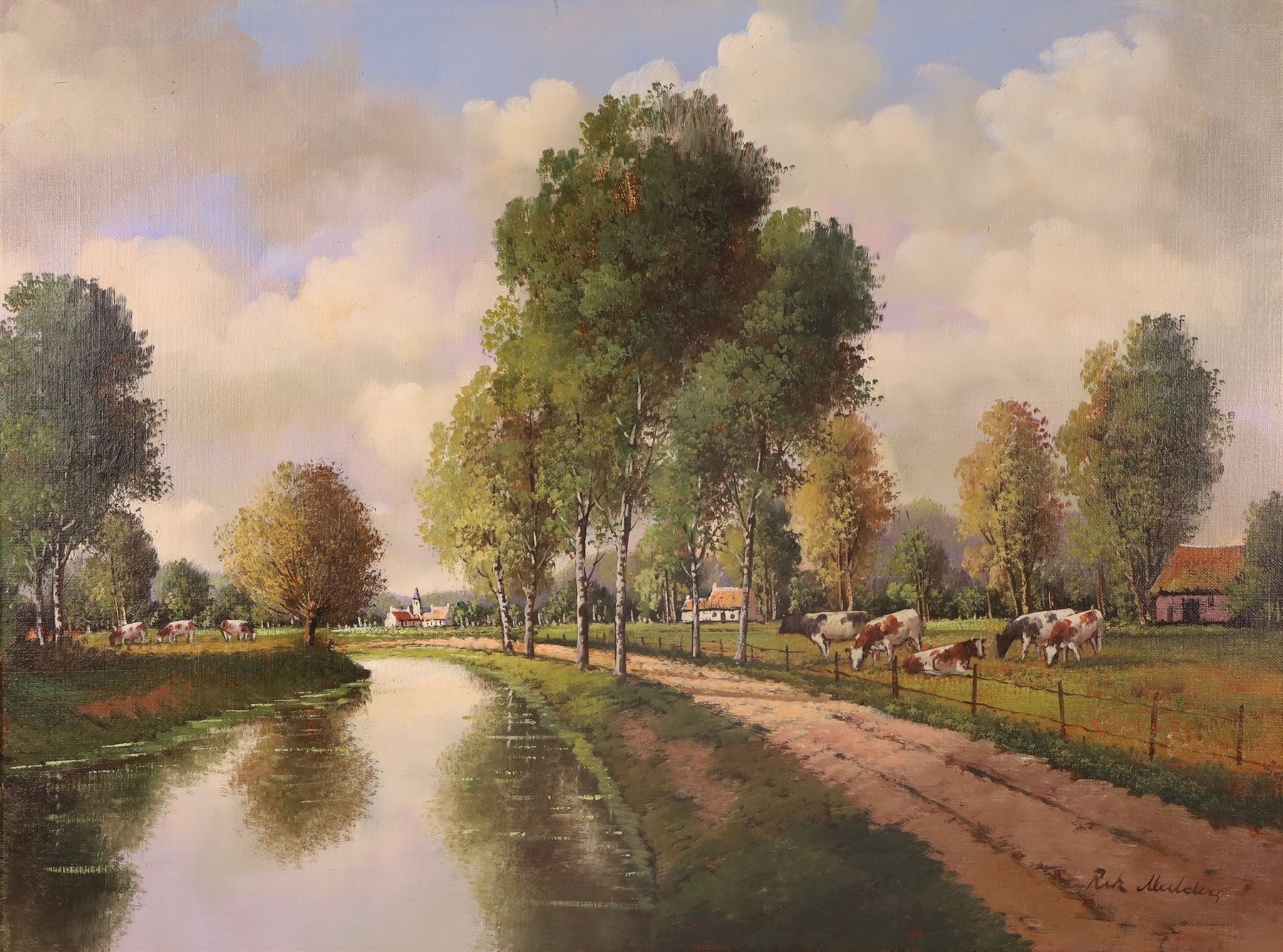 Rik Mulders (Flemish 20th century): Landscape with Cows by Canal, oil on canvas signed 59cm x 79cm
