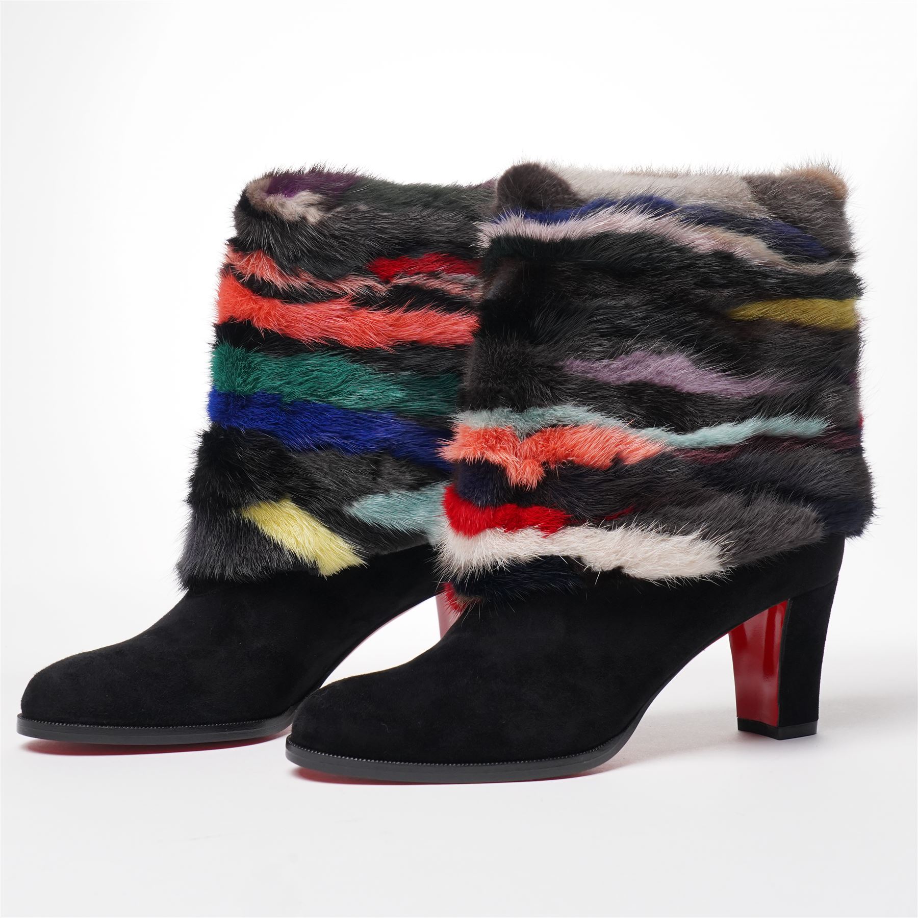 Christian Louboutin - pair of ‘Alexandra’ ankle boots, in black suede and multicoloured mink fur, with signature red lacquered soles, size 38, total boot height 23cm, unused with original box, dust bags and spare heel caps