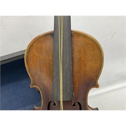 Late 19th century French three-quarter size 'Conservatory' violin with 34cm two-piece maple back and ribs and spruce top, the peg box inscribed 'Conservatory Violin Straduari', bears label 'Antonius Stradiuarius Cremonensis Faciebat Anno 1721' L55.5cm overall; in ebonised wooden 'coffin' case