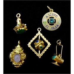 Two 18ct gold stone set swivel and rose quartz lantern and three 16ct gold stone set charms, all tested