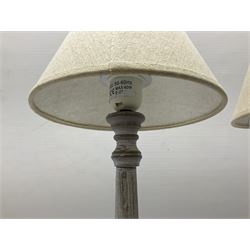 Pair of composite washed wood effect table lamps with natural linen shades