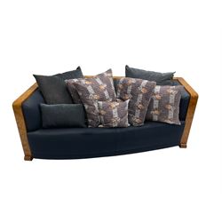 Thörmer Polstermöbel - Art Deco style sofa, of curved tapering form, framed in figured burr elm, upholstered in blue fabric with loose cushions