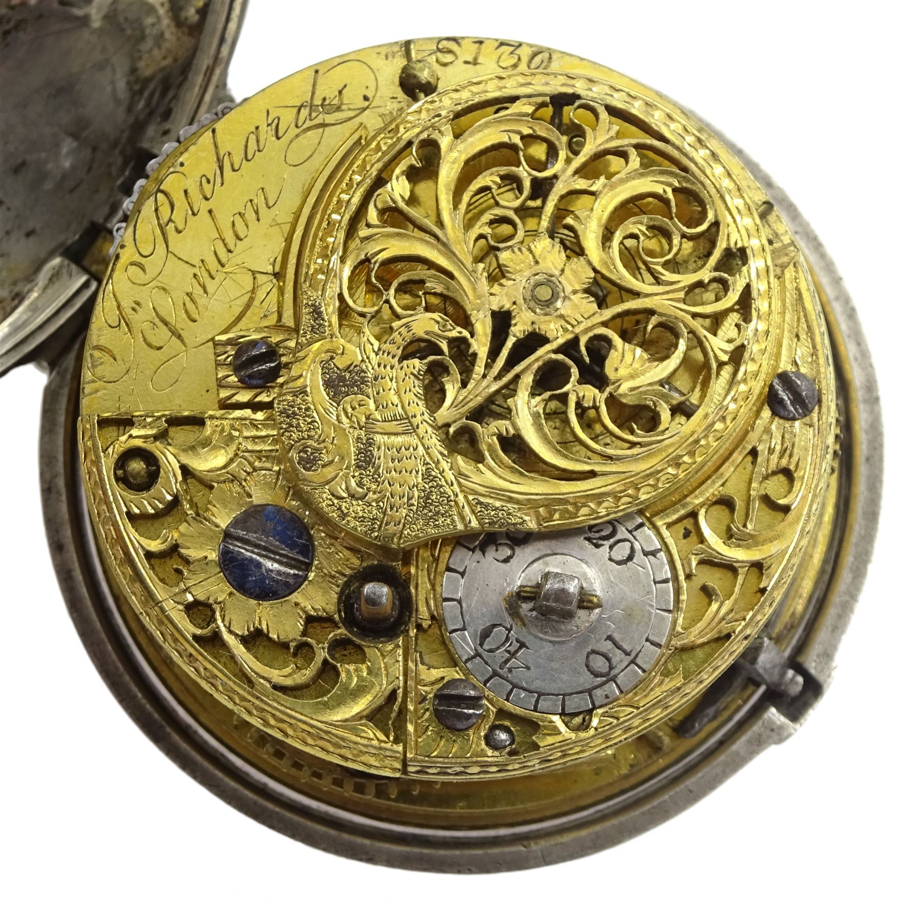 George III silver pair cased verge fusee pocket watch by John Richards, London, pierced and engraved balance cock, white enamel dial with Arabic numerals, bull's eye glass, case by Thomas Gosling, London 1778/80
