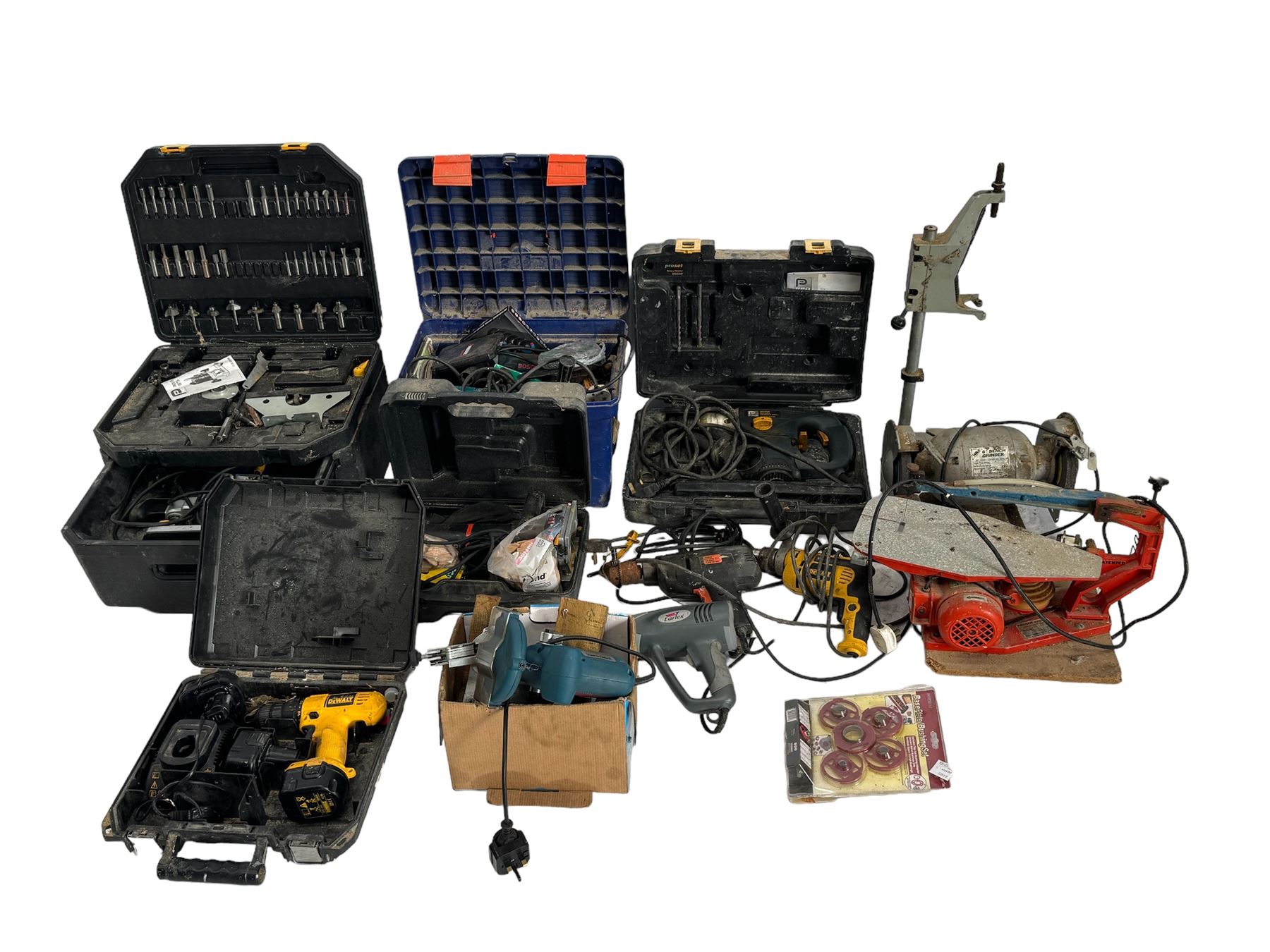Performance Pro router with accessories, cased; DeWalt drill, two angle grinders with bits, biscuit jointer, bench grinder, scroll saw, heat gun, drills and other