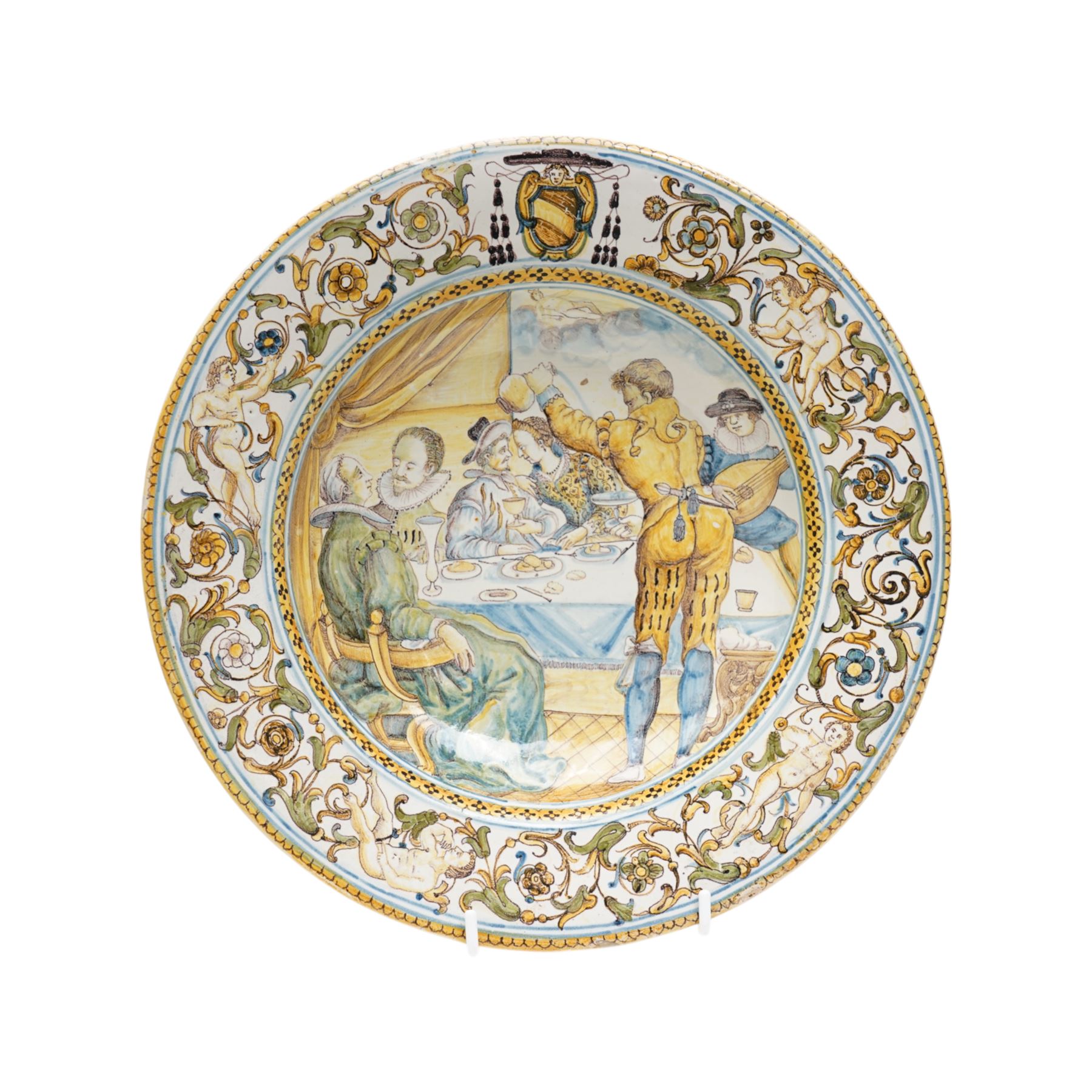 Pair of 19th century Italian majolica plates decorated in 17th century Castelli design with  figures and landscapes etc D27.5cm
