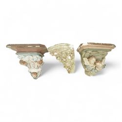 Set of three Belgian wall cornices, each with moulded shelf top above polychrome painted c...