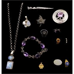 18ct gold yellow stone set ring, three 9ct gold rings including opal and paste stone set, 9ct gold charm and a collection of silver jewellery including amethyst and marcasite bracelet Scottish silver brooches, one by Ward Brothers, brooches pendants, ring and pair of amethyst earrings