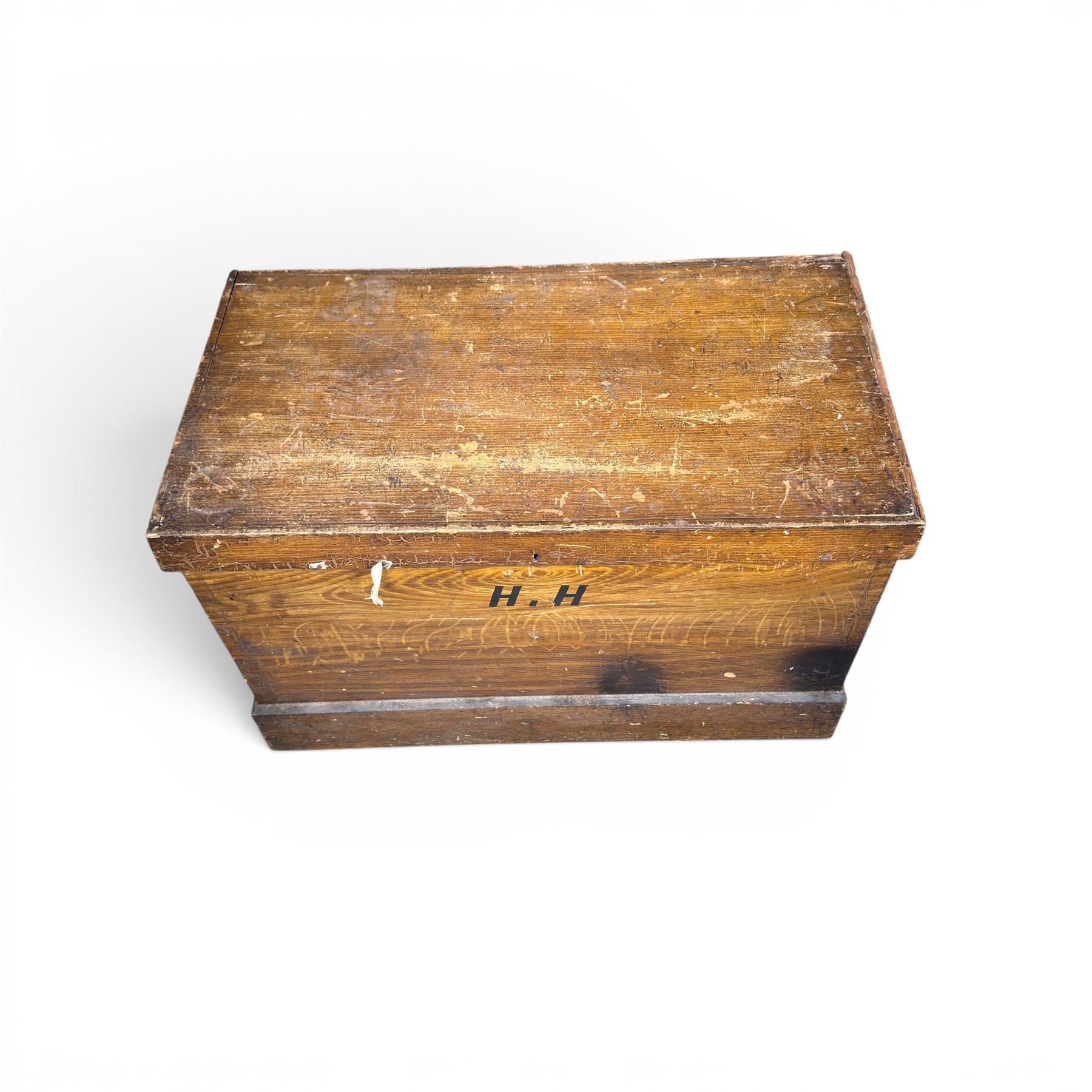 Victorian stained pine carpenters toolbox and contents, fitted interior with saws, planes, chisels etc
