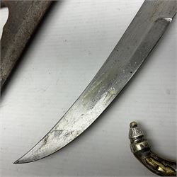 Moroccan jambiya dagger with 24.5cm plain curved blade stamped LONDON to the ricasso area, the hilt and scabbard overlaid with plain sheet brass to the back and ornate silver coloured metal to the front; waisted grip and arched pommel; two pyramid mounts to the scabbard L41cm overall; large billhook with curving blade and stacked leather washer grip; and a reproduction halberd blade (3)