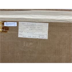 Jack Heyworth (20th century): Still Life of Roses, oil on board signed, artist's 'Haslingden' address label verso 39cm x 49cm