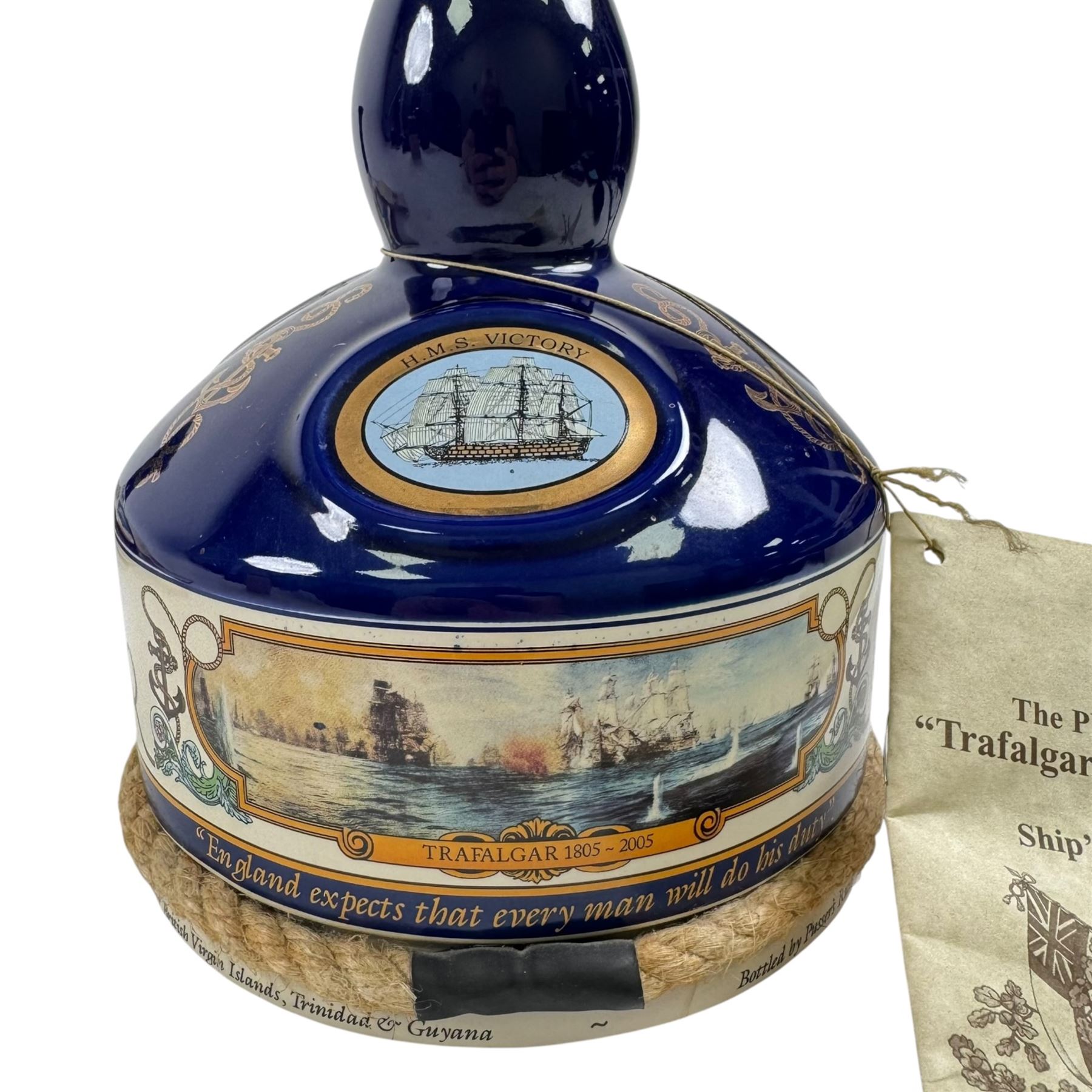 Pusser's Rum Admiral Lord Nelson ship's decanter with contents, wax seal with stamp to top, together with Trafalgar Bicentenary decanter 