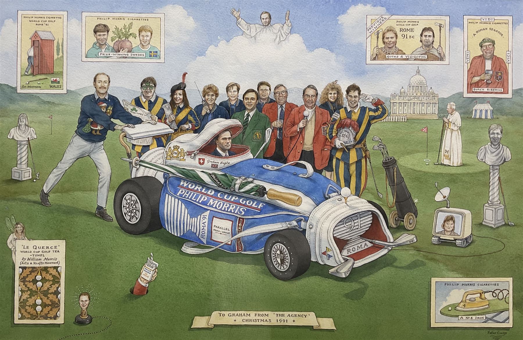 Peter Cross (British 1951-): 'Philip Morris - World Cup Golf', watercolour signed and dated 1991, 33cm x 50cm 
Provenance: dedicated 'To Graham [Bogle] from 'The Agency' Christmas 1991'; used as an original illustration for Country Life Magazine.