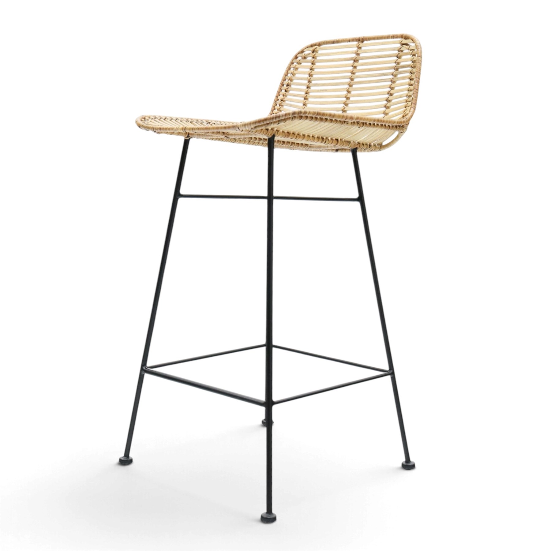 Next - set of three 'Pacific' bar stools, caned back and seat, raised on black tubular supports