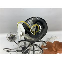 Terracotta studio pottery lamp base with carved detail and geometric knop and base, H45cm, together with a black chandelier with drops, Mid century teak light fitting with three drop down clear glass pendants and copper mounts, H54cm, and Rhinestone and black eight branched chandelier