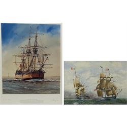 Adrian Thompson (British 1960-): 'Setting the Sail for Home' - HM Bark Endeavour, limited edition colour print signed dated '98 and numbered 97/500 in pencil 49cm x 37cm; RJ Wakefield (British 20th century): USS Constellation vs L'Insurgente, watercolour signed 28cm x 40cm (2)