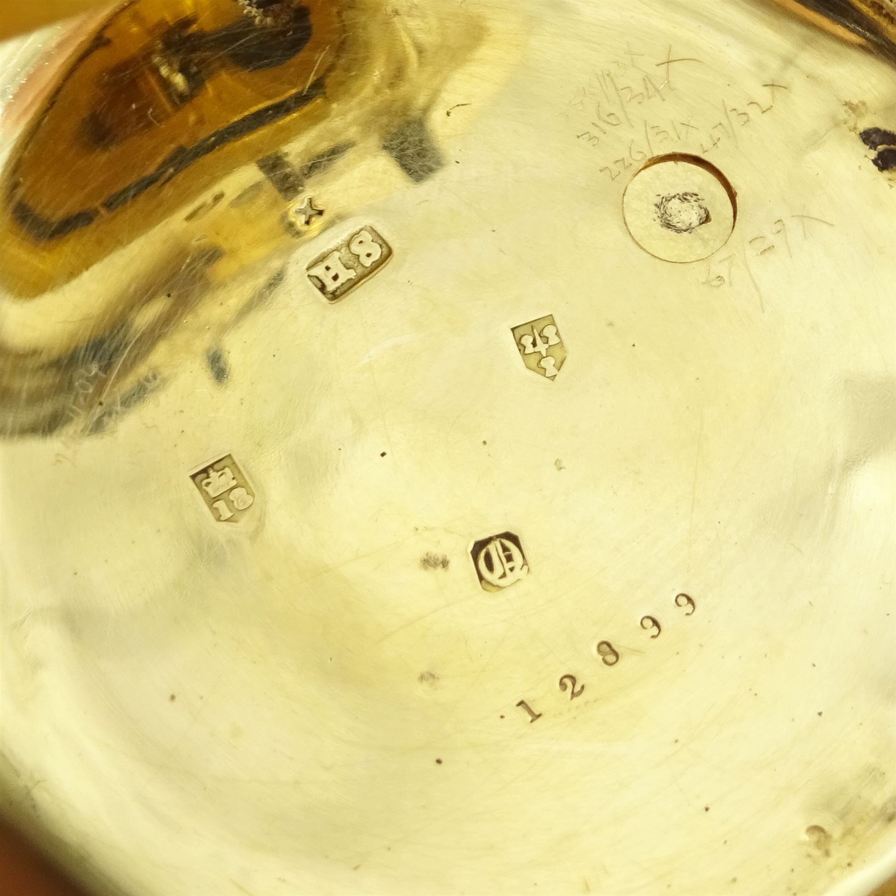 Victorian 18ct gold open face, fusee lever pocket watch, No. 12899, gilt dial with Roman numeral hour markers, engraved balance cock with diamond endstone, case with engraved foliate decoration, makers mark HS (probably Henry Stuart), Chester 1854