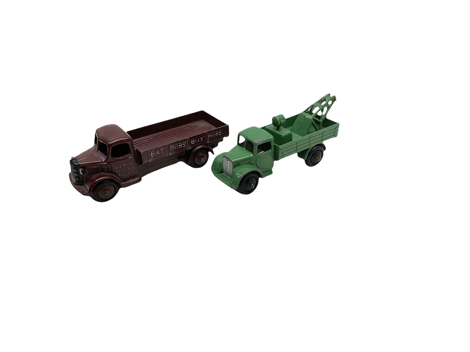 Dinky - six unboxed and playworn die-cast models comprising AA Motorcycle Patrol; Duple Roadmaster Leyland Royal Tiger; Supertoys Foden Tanker; Austin Wagon 'Eat More Buy More'; crane wagon with searchlight; and N.C.B. Electric Van (6)