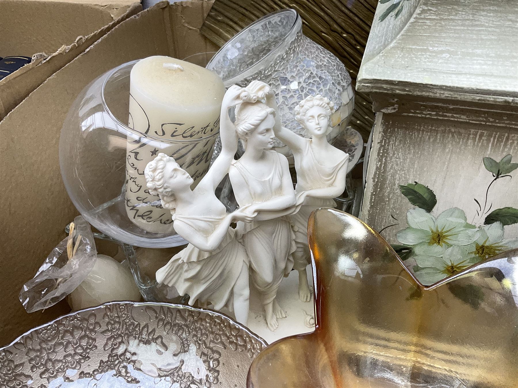 Quantity of glassware and ceramics to include Royal Doulton 'Sisters' matte black figure, vases, clock, and a quantity of Penguin books etc in two boxes