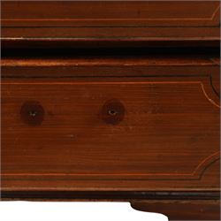 19th century mahogany chest, rectangular moulded top over two short and three long graduated drawers, each with satinwood stringing and shaped ebony inlaid panels, fitted with brass swan neck handles, raised on bracket feet