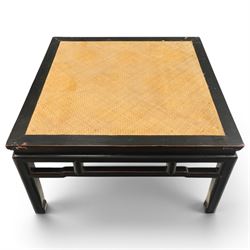 Pair of 20th century Chinese lacquered low coffee or lamp tables, square top with inset woven panel, over shaped frieze rails, raised on moulded square supports