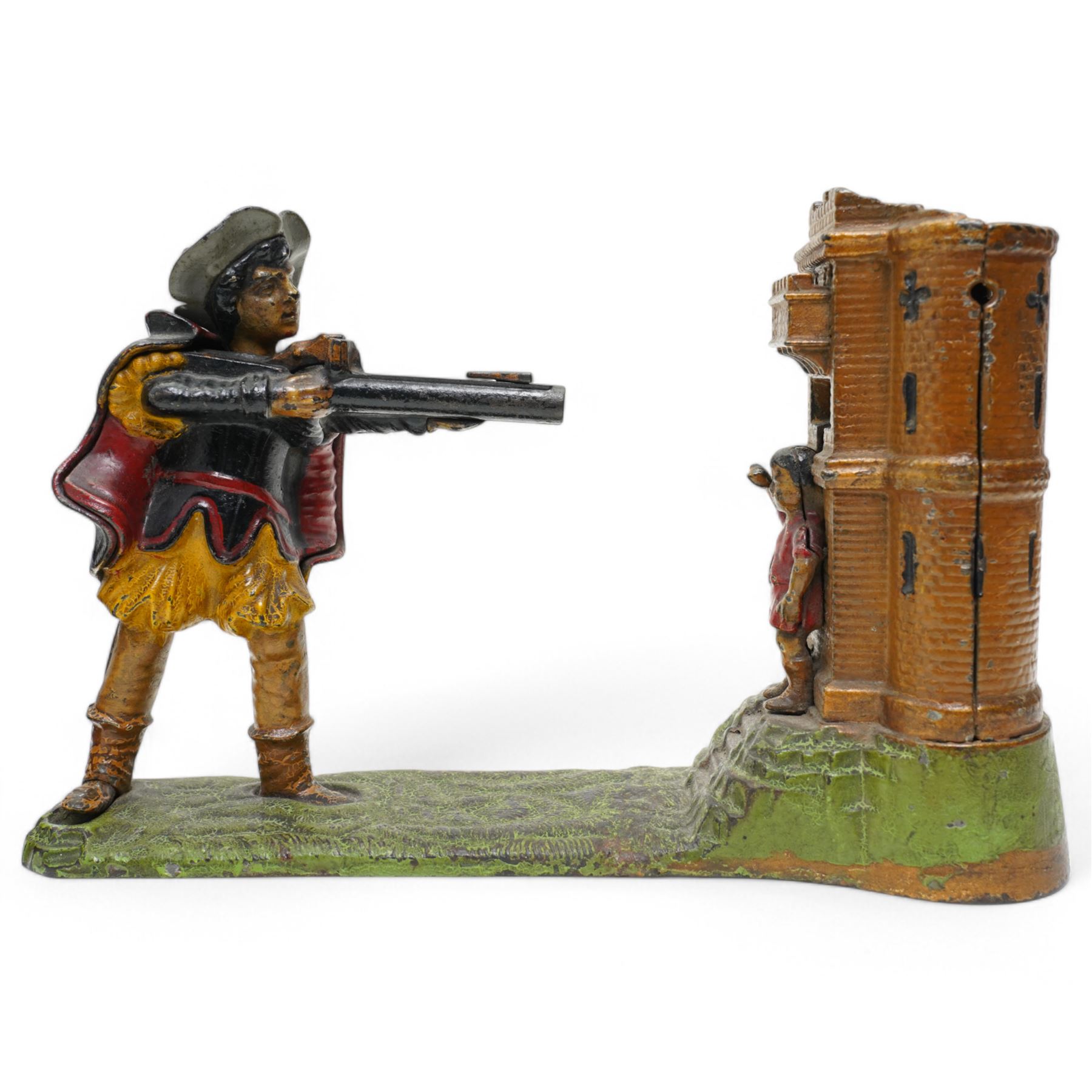 American painted cast iron money bank 'William Tell', the base marked 'Patented June 1896' L26cm and a 'Jolly Nigger' money bank (2)