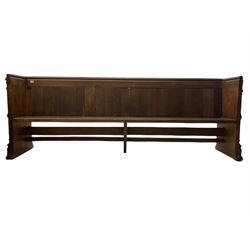 Victorian solid oak pew, panelled design, carved Gothic ends