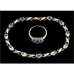 9ct gold blue topaz link bracelet and a 9ct gold Swiss blue topaz and diamond ring, hallmarked
