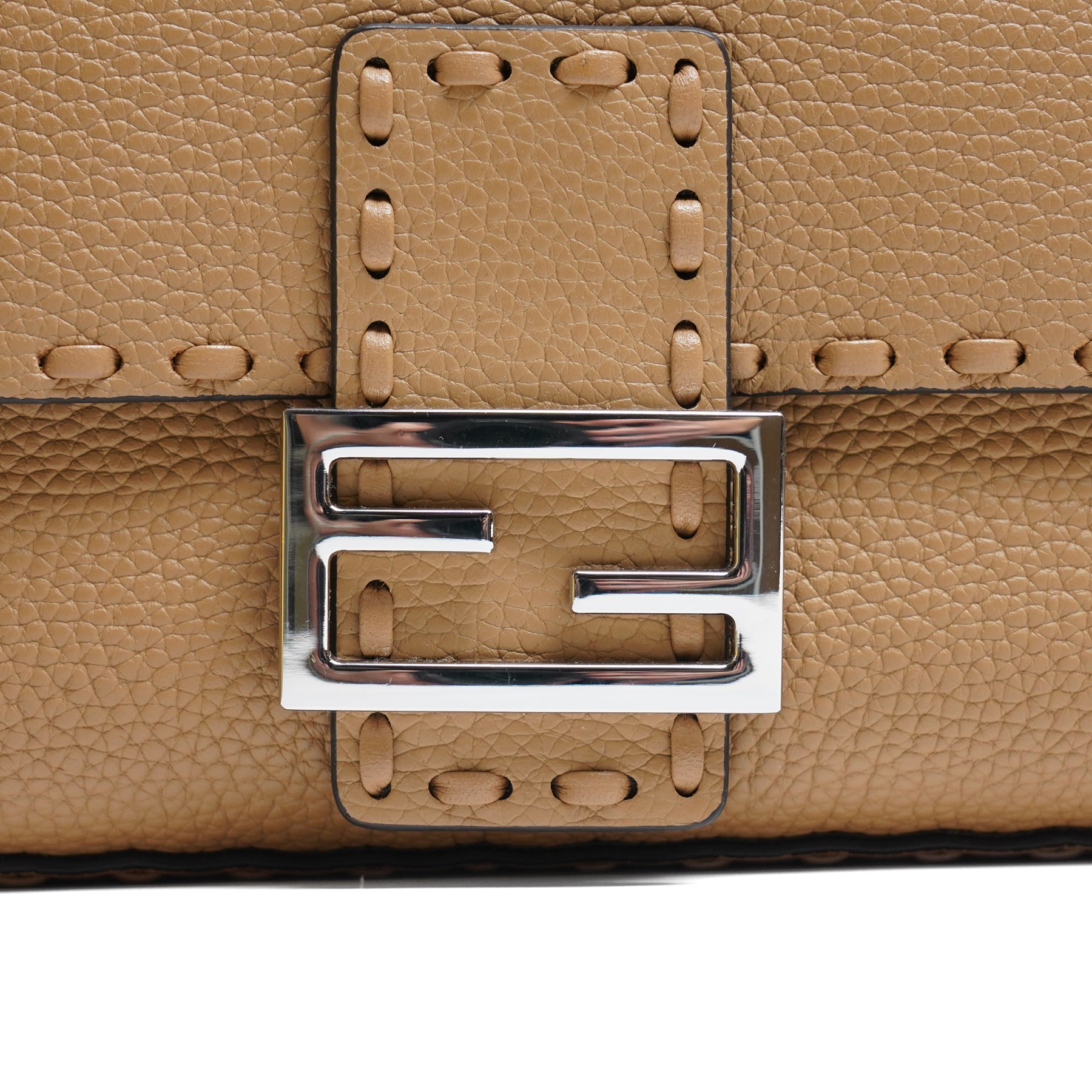 Fendi - Selleria Baguette shoulder bag, tan grained leather with hand-stitched detailing, palladium-tone FF buckle fastening, detachable leather top handle and shoulder strap, with authenticity card, dust bag and box