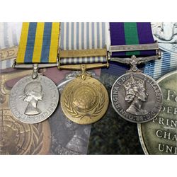 Korean War group of three medals comprising ERII Korea Medal awarded to 22307852 Pte. M. McGill R.A.M.C., UN Korea Medal and ERII General Service Medal with Malaya clasp to 22307852 Cpl. M. McGill R.A.M.C.