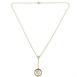 Early 20th century gold aquamarine pendant necklace, milgrain set round cut aquamarine within a pierced circular setting, to a smaller round cut aquamarine, on a fine trace link chain necklace, stamped 9ct, in a velvet and silk lined box by Leefe & Sons, Malton