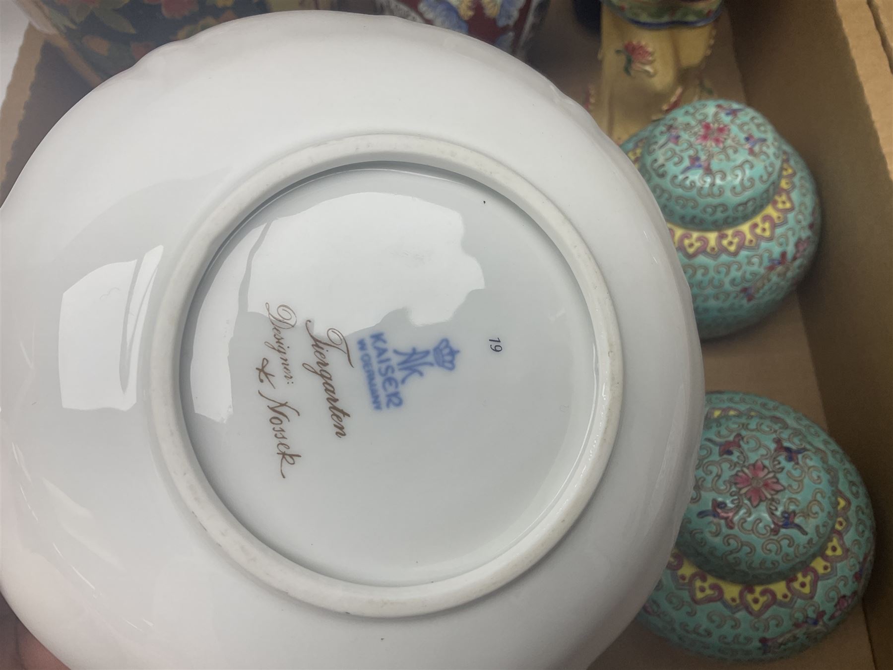 Pair of ginger jars, together with oriental figure, Kaiser plates, glassware etc, in two boxes 