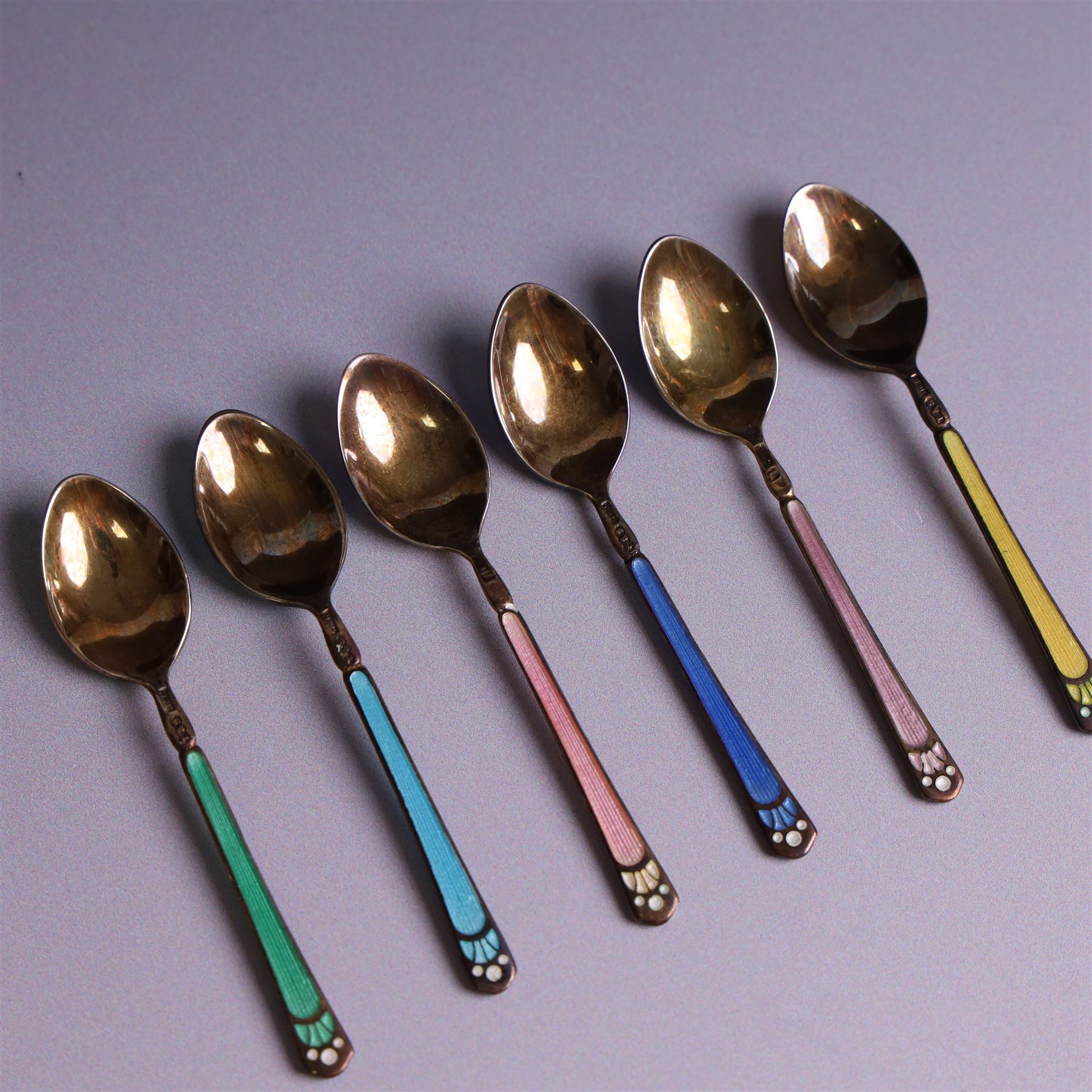 Set of six mid 20th century harlequin enamel coffee spoons, hallmarked Turner & Simpson Ltd, Birmingham 1960, in fitted case