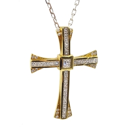  18ct yellow gold princess cut and round brilliant cut diamond cross pendant by Hugh Rice, hallmarked, total diamond weight approx 3.57 carat, on 18ct white gold chain stamped 750  