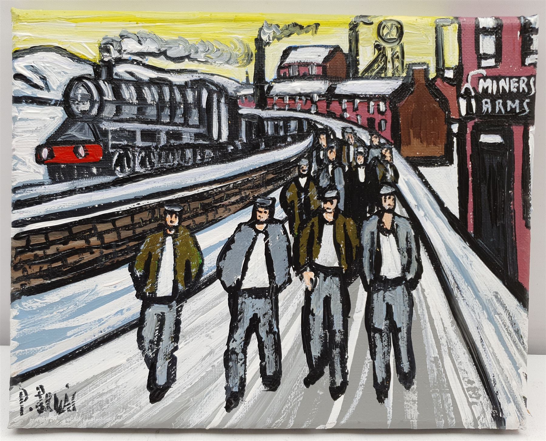 Phil Lewis (Northern British Contemporary): 'Miners Returning Home from Work at the Pit', oil on canvas signed, titled verso 20cm x 25cm (unframed)
