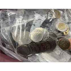 Coins, banknotes and stamps, including Queen Elizabeth II commemorative fifty pence and two pound coins, pre-decimal coinage, Bank of England ten shilling note, Queen Victoria penny lilac stamp on cover, various first day covers etc