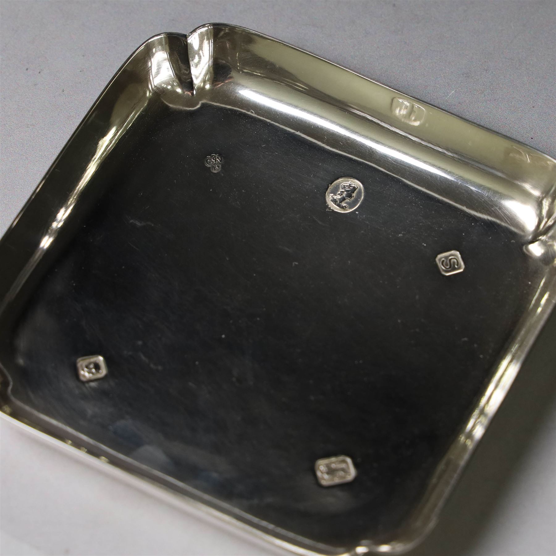 Late 20th century silver pin dish, of square form, with Queen Elizabeth II Coronation hallmark for C J Vander Ltd, London 1953, W9cm