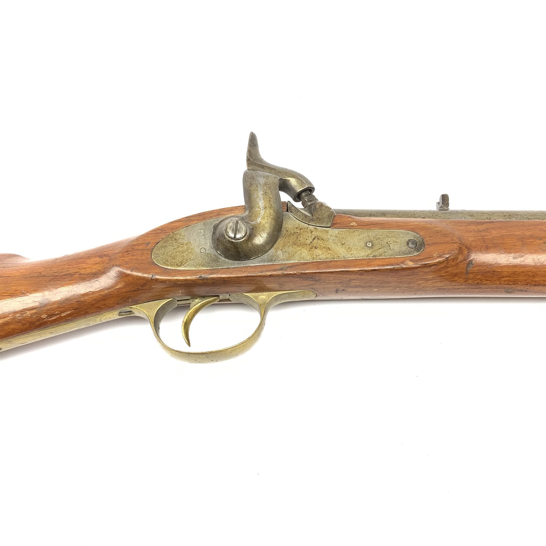 Indian style Enfield type smooth bore muzzle loading percussion cap musket, approximately 24-bore, full walnut stock with two bands and ramrod under L118cm overall