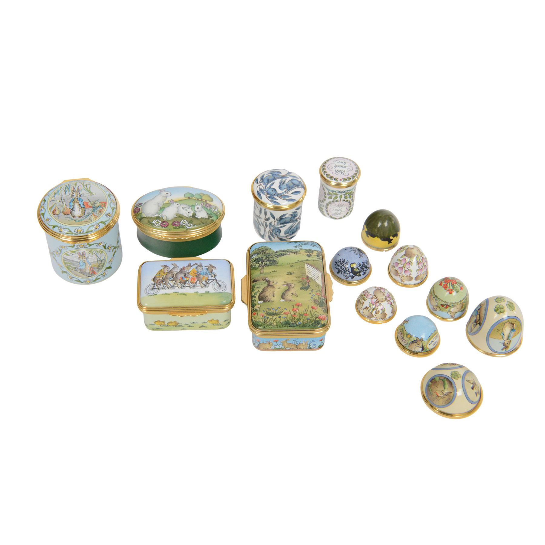 Ten Halcyon Days enamel trinket boxes, including Peter Rabbit, Watership down and easter examples, tallest H5cm