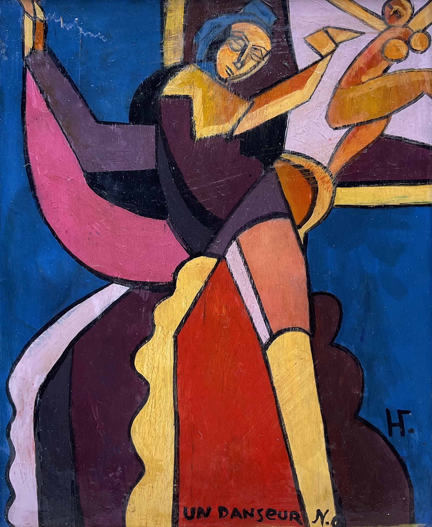 Circle of Natalia Goncharova (Russian 1881-1962): 'Un Danseur', oil on panel with initials N.g. and Cyrillic monogram 31cm x 25cm