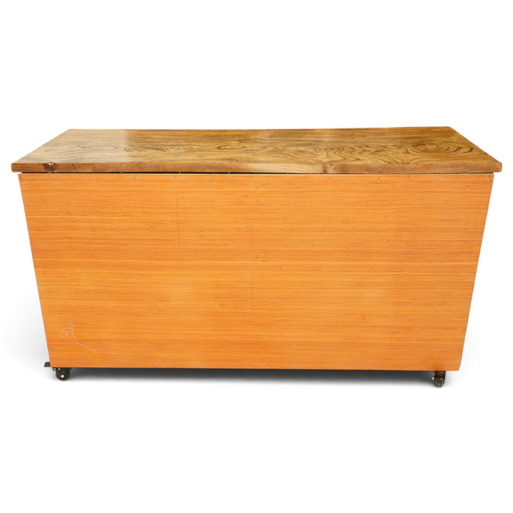 20th century haberdashery style chest, solid elm top over twenty-four assorted drawers with white ceramic knob handles, painted sage green carcass, raised on castors