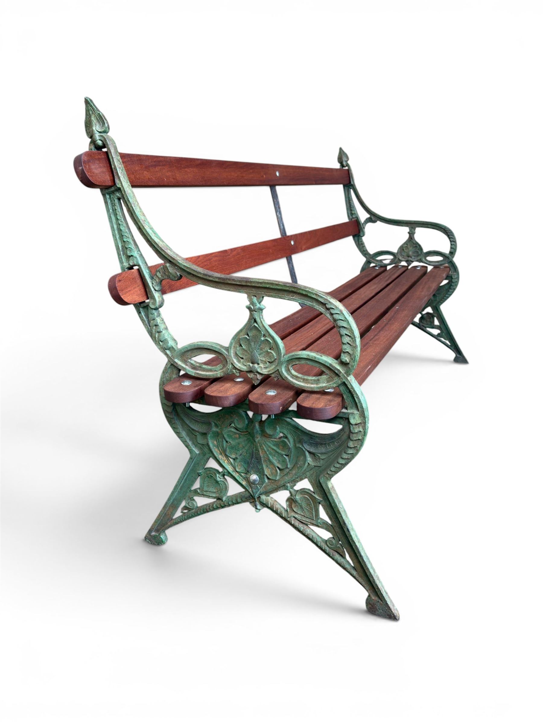 Coalbrookdale - Lily Pad design cast iron an wood slatted garden bench, late 19th century Aesthetic Movement, no. 217569, distressed green paint, iron centre support and seat stretcher, hardwood slatted