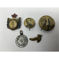 Made-up group of three WWI medals comprising 1914 Star awarded to 23598 Gnr. F. Jefferson R.G.A., British War Medal and Victory Medal with names removed; with ribbons on wearing bar; 1942 Motorist's Medal and small quantity of cap badges, Royalty badges etc