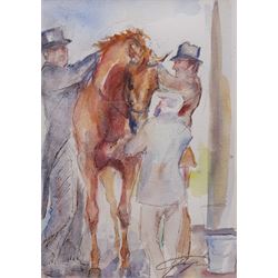 Jacqueline Jones (British 1961-): Adjusting a Bridle, watercolour signed  24cm x 17cm 
Notes: Jacquie Jones was Artist in Residence at The National Horse Racing Museum.
