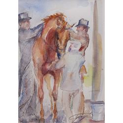 Jacqueline Jones (British 1961-): Adjusting a Bridle, watercolour signed  24cm x 17cm 
Notes: Jacquie Jones was Artist in Residence at The National Horse Racing Museum.