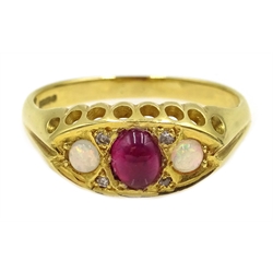  18ct gold cabochon ruby, opal and diamond ring, hallmakred  
