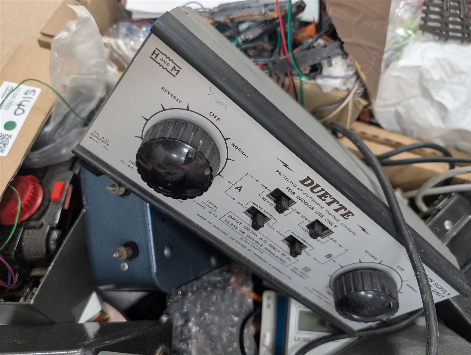 Collection of model railway control units, accessories and tools, including Lenz Digital Plus LZV100 with remote, H and M Electran Transistorised Power Unit, H and M Duette twin supply unit, motors, points, paints, Antex Soldering System, Flockit, etc, in three boxes